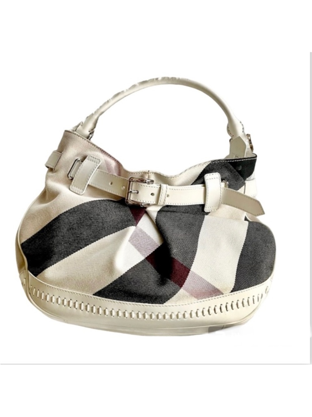 Auth Burberry Bag Grey White Mega Check Canvas Nova Check Leather Buckle Hobo